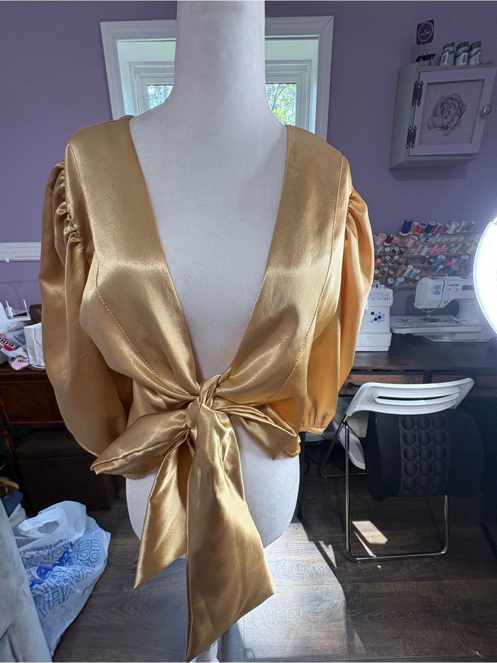 Gold Satin Tie-Front Puff Sleeve Crop Top